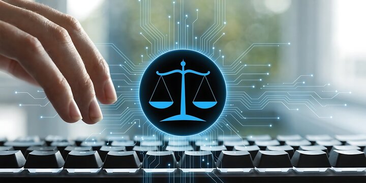 Digital Justice Concepts with Scales of Justice Symbol Over Laptop Keyboard Representing Law and Technology Integration in Modern Society Sigmoid. Digital legal concept with scales of justice concept.