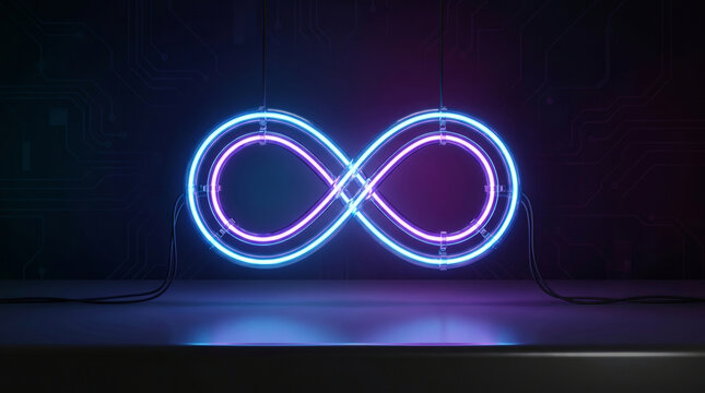 Neon Blue and Purple Double Infinity Sign Glowing in Dark Tech Laboratory Environment