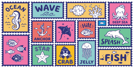 Collection of charming, hand-drawn postage stamps featuring various marine life and nautical elements. © Riki