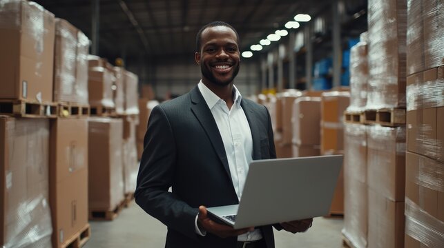 Confident manager with laptop controlling inventory in modern distribution center