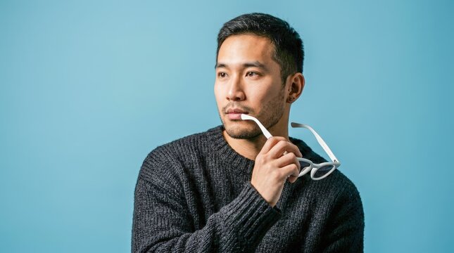Thoughtful Asian Man Pondering with Glasses Against Blue Background.