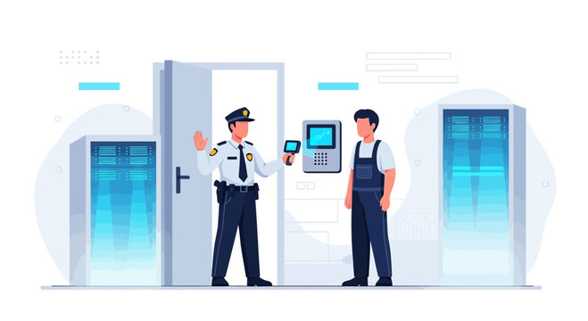 Security guard checks access to server room with ID card scanner
