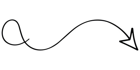 Obraz premium Curved wavy arrow with loop pointing right, hand drawn sketch graphic element