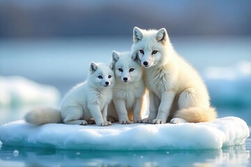 Naklejka premium Arctic fox family huddled together on ice floe, mammal, fox, cold