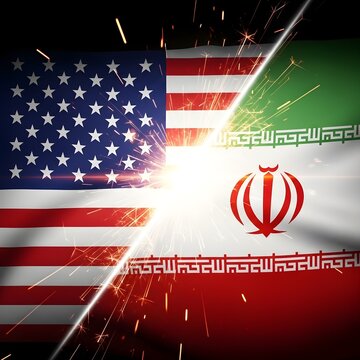 American and iranian flags waving together on dark background