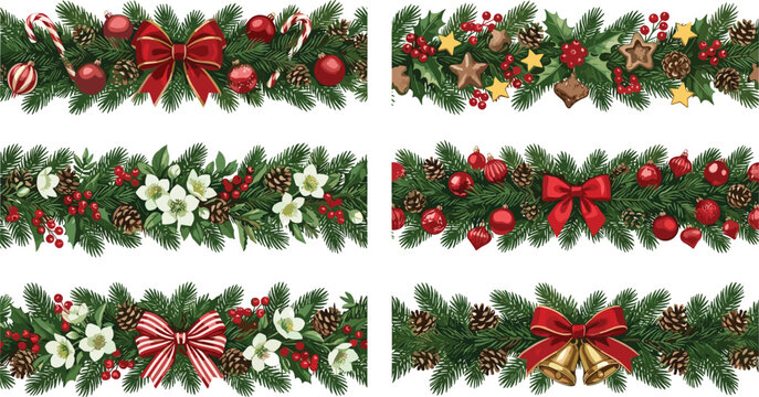 Christmas Garland Border Collection Vector Illustration with Evergreen Pine Branches, Red Bows, Ornaments, Holly Berries, and Festive Holiday Decorations