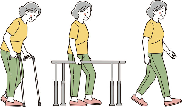 Senior Woman Physical Therapy Rehabilitation Progress Vector Diagram Showing Walking with Cane Parallel Bars and Independent Recovery Steps for Healthcare Education