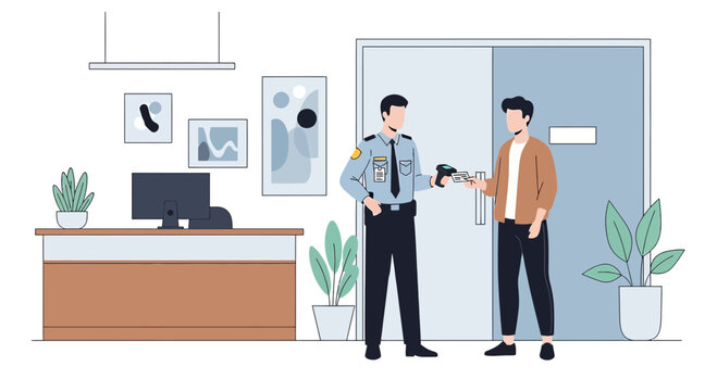 Security guard checks ID for access at office reception desk illustration