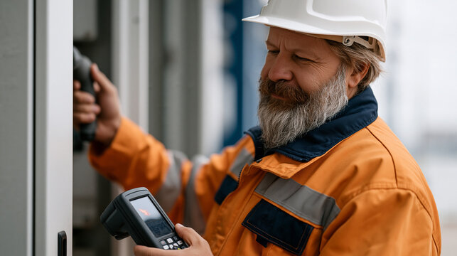 Thermographer sweeping thermal imaging camera across electrical switchgear cabinet in substation, hotspot anomaly visible on display screen, predictive maintenance inspection,