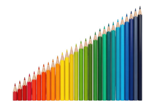 Colorful gradient pencils arranged in ascending height, isolated on transparent background