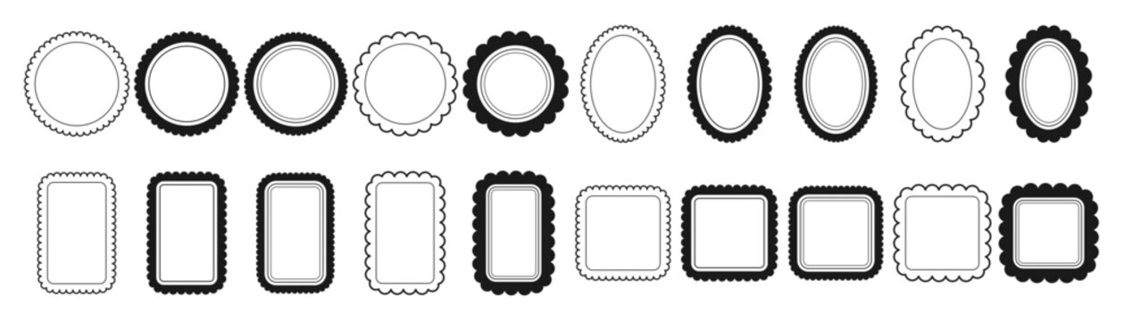 Scalloped border frame clipart circle oval rectangle and square black and white outline mirror shape vector on transparent background