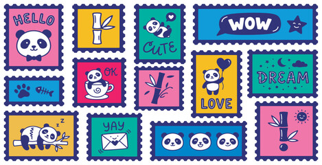 Obraz premium Collection of cute panda stamps with various illustrations and text.