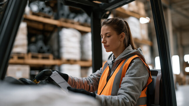 Freight terminal forklift operator stacking palletized industrial components in warehouse staging zone, manifest scanner in hand, cross-dock loading dock, intermodal freight
