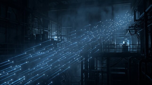 Data stream flowing through dark industrial environment with digital light particles in background.