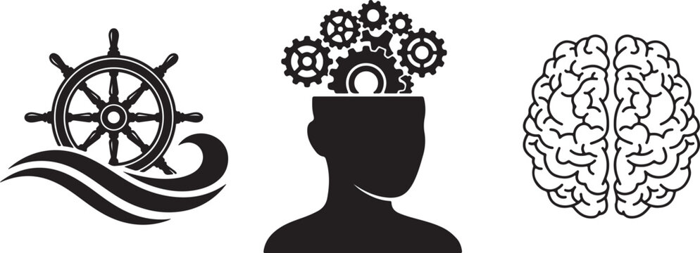 Brain and mind control gear icons with ship wheel