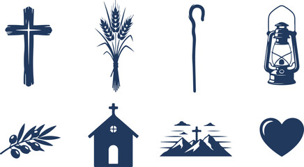 Collection of religious and symbolic icons featuring cross shepherd staff wheat bundle church lantern heart landscape © MURSHIDUR RAHMAN