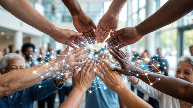 A diverse group of people of different ages and genders, all reaching out to touch each other's hands in a circle, creating a sense of unity and connection.