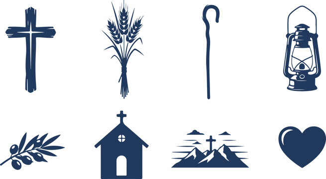 Collection of religious and symbolic icons featuring cross shepherd staff wheat bundle church lantern heart landscape