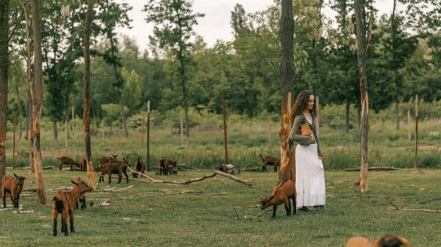 Young woman in a white skirt holding a jug in a field with goats