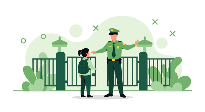 Security Guard At School Gate With Student, Safety Entrance Concept