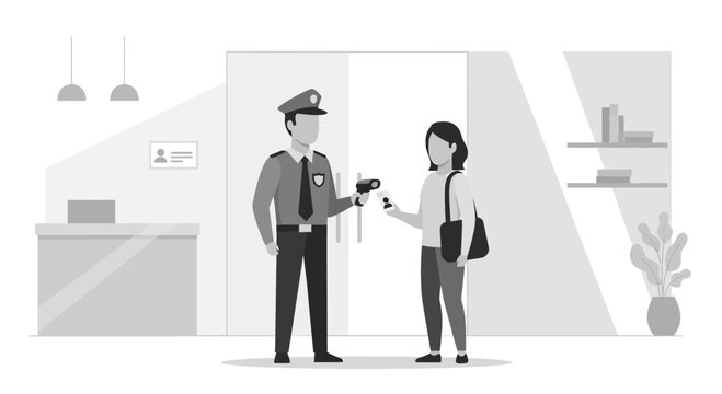 Security guard checking ID at entrance, visitor with bag and keys