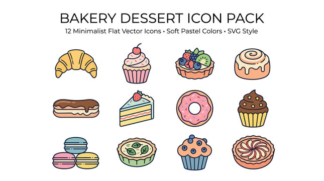 Bakery icon set with croissant, cupcake, eclair and macarons in flat design style for restaurant menu or cafe branding