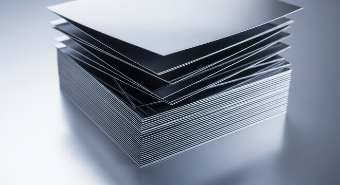 A stack of thin silver metallic paper squares in a structured arrangement, representing precision and industrial materials.