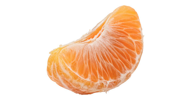 Single juicy fresh mandarin orange fruit slice segment isolated on transparent background