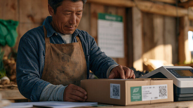 Organic certification traceability QR code label printing at a small-scale packing shed, a farmer affixing individual produce lot stickers linked to input records and inspection