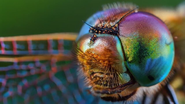 Close up macro photo of colorful dragonfly eye with intricate details and vibrant natural background
