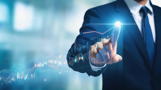 Businessman in suit interacting with glowing stock market graph and financial data growth concept
