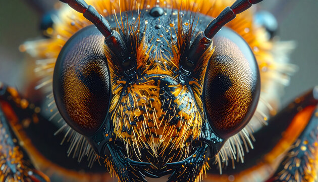 Close up of a detailed insect head with large compound eyes