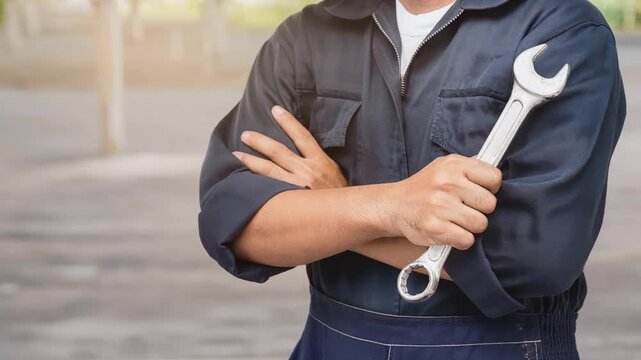 Confident mechanic in uniform holding large wrench ready for repair and maintenance work outdoors