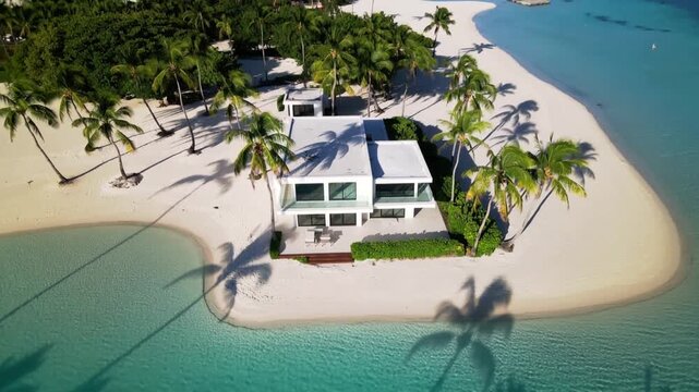 Top down aerial view of contemporary villa on private tropical point