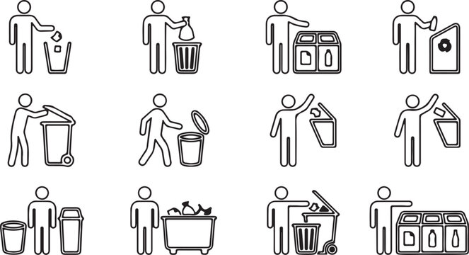 Black line icons of people throwing trash in bins