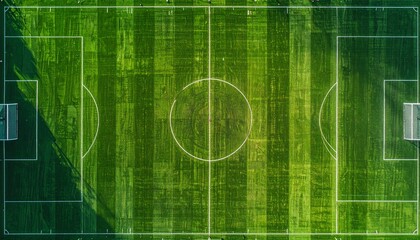 Obraz premium Top-down view of a lush green soccer field with white lines marking the boundaries and a circular center