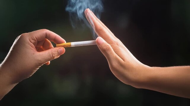 Hand refusing a burning cigarette with smoke against dark background for quit smoking concept