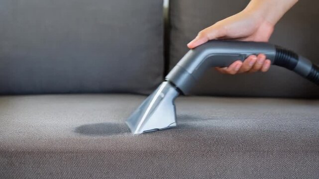 Close up of professional upholstery cleaning on gray fabric sofa with steam cleaner tool