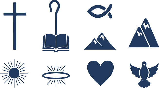 Set of nine religious and spiritual symbols including cross book mountain heart sun halo dove fish and shepherds crook