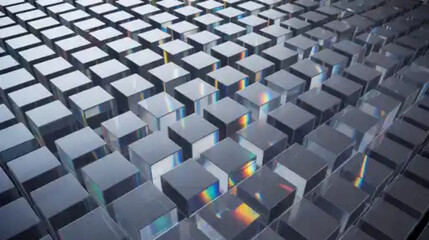 Fototapeta premium Futuristic glass cubes with rainbow light refraction, abstract crystal block pattern with prismatic spectrum effects, geometric transparent square grid for modern technology backgrounds Glass