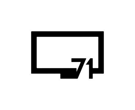 Black, modern, minimalist TV icon, flat screen television symbol, 71 number mark