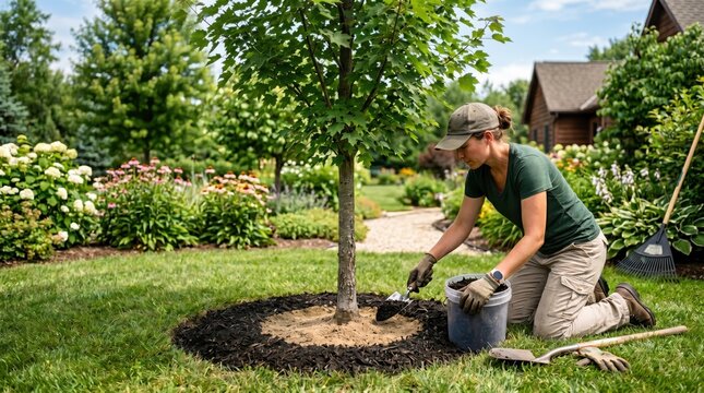 Gardener adds mulch around young tree, showing summer heat protection, moisture preservation and practical seasonal tree care.