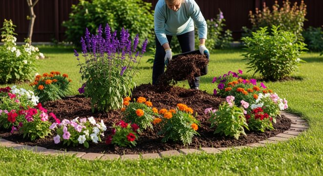 Gardener spreads mulch in flower bed before hot weather, showing summer plant protection, moisture care and practical seasonal maintenance.