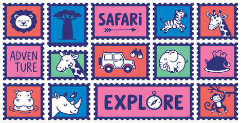 Cute cartoon safari animals and elements depicted as postage stamps, perfect for travel and adventure themes. © Riki