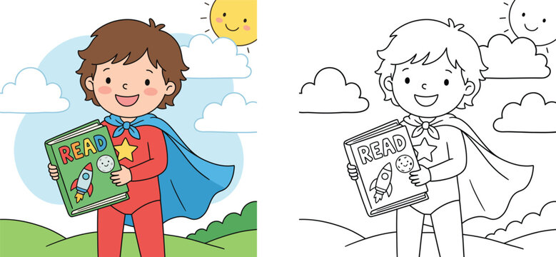 Superhero boy holding a book coloring page and colored illustration vector template for kids educational activity worksheet