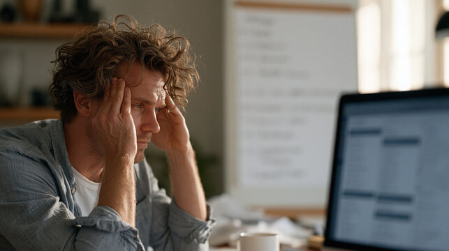 Remote employee rubbing temples in front of a screen showing back-to-back calendar blocks, a whiteboard behind listing seventeen pending agenda items, home office disheveled from