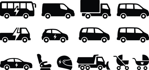 Transportation and Vehicle Icon Collection Featuring Electric Cars Trucks Vans Child Safety and Mobility Symbols © Mst