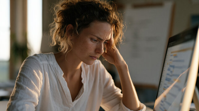Remote employee rubbing temples in front of a screen showing back-to-back calendar blocks, a whiteboard behind listing seventeen pending agenda items, home office disheveled from