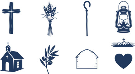 Collection of religious and rustic symbols featuring cross shepherd staff wheat sheaf church lantern heart barn mountains © MURSHIDUR RAHMAN