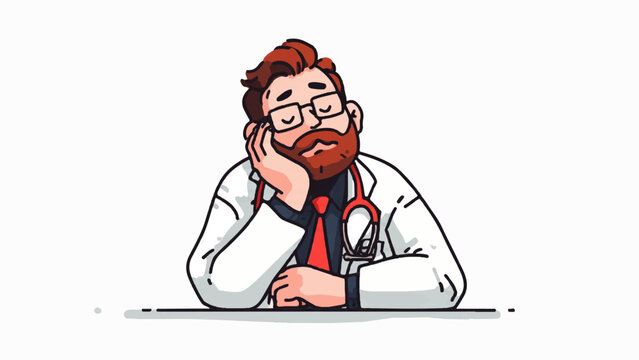 A bored doctor rests his chin on his hand while sitting at a desk